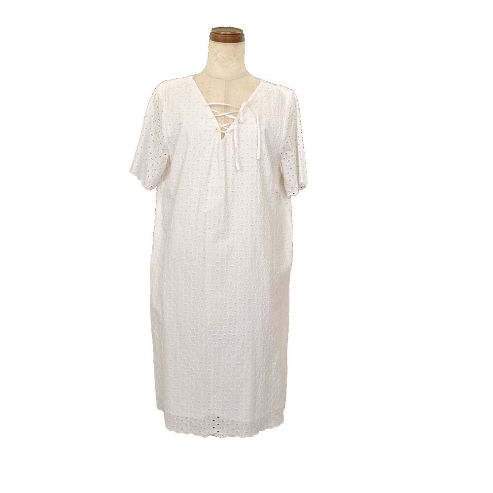 Dip Eyelet Lace Embroidered Bodice Short Sleeve Schiffli Dress White Cotton Sz M